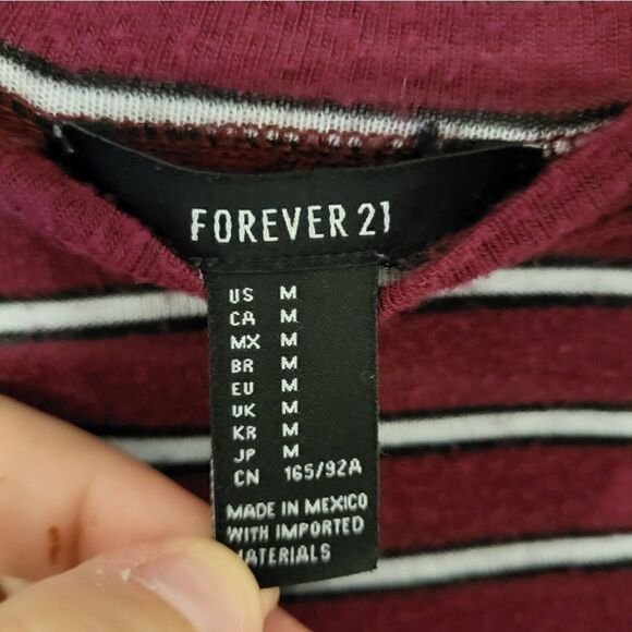 Forever 21 burgundy/black/white striped fitted crop-top - Picture 2 of 3